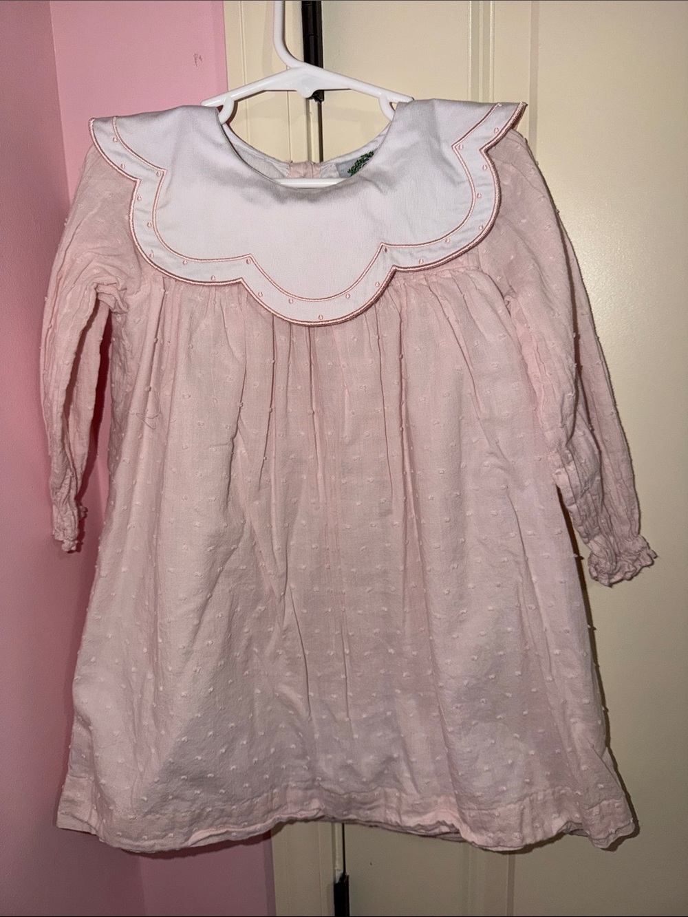 Girls' Pink Cecil & Lou Long-Sleeve Dress with White Scalloped Collar